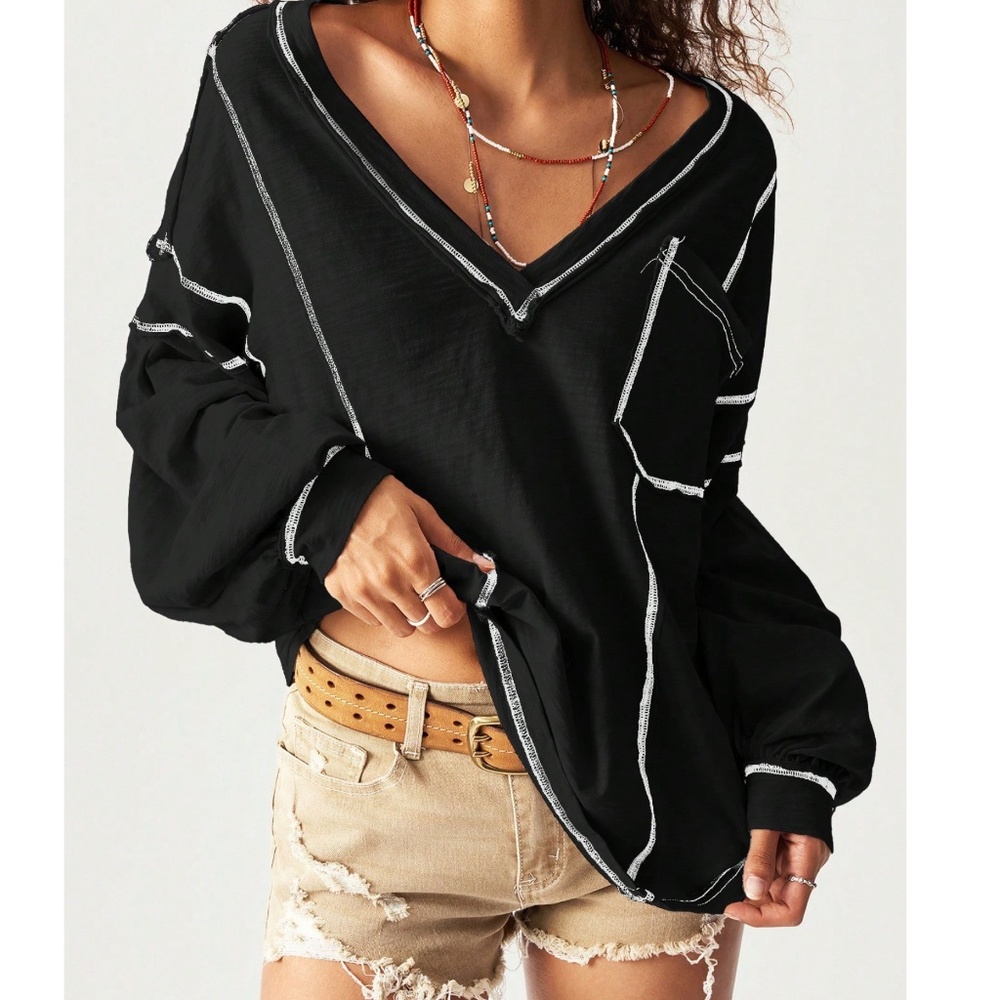 Solid Cotton V Neck Reverse Stitch Loose Fit Long… - image 1